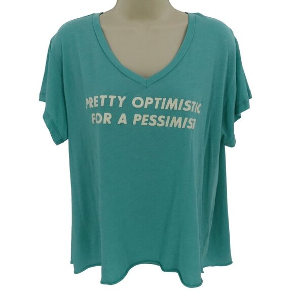 Wildfox Womens Medium Pretty Optimistic for a Pessimist Teal Green Tee Shirt Top - Picture 1 of 9